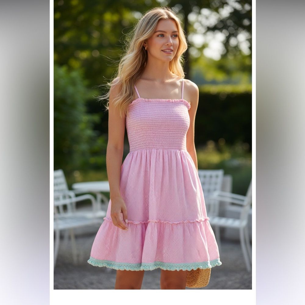 Sail to Sable Pink Gingham Smocked Mini Dress with Mint Trim